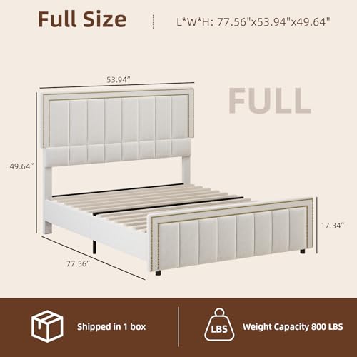 Image of BarnFurin Full Size Bed Frame with 50 inch Tall Headboard and Footboard, Chenille Upholstered Bed Frame, Vertical Channel Tufting with Nailhead Trim, No Box Spring Needed, Easy Assembly, Beige