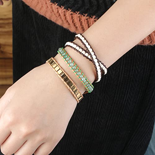 Image of KELITCH Double Wrap Bracelet Women Hand-Braided Turquoise Beads Bracelets Boho Leather Bracelets Bangle