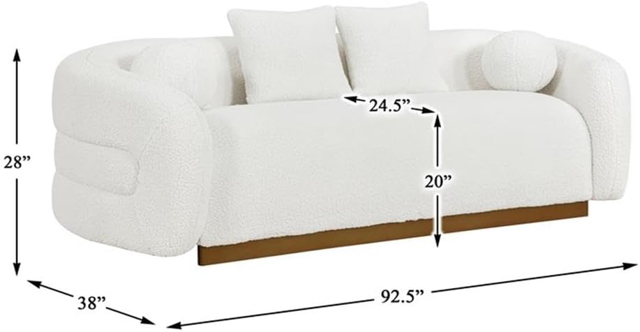 Pemberly Row Sherpa Fabric Sofa, White Upholstery, Gold Finish Solid Wood Base, 4 Matching Pillows, Foam Over Pocket Coils, Modern Living Room Seating, Attached Cushions, 71 in Width, Assembly