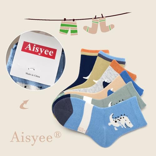 Image of Aisyee Boys Cotton Crew Socks Kids Seamless Toe Socks Colorful Quarter Socks 6 Pack