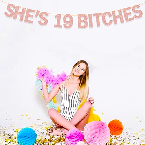 Image of She's 19 Bitches Banner 19th Birthday Decorations for Women, Funny Glitter Rose Gold Birthday Banner 19 Birthday Party Supplies