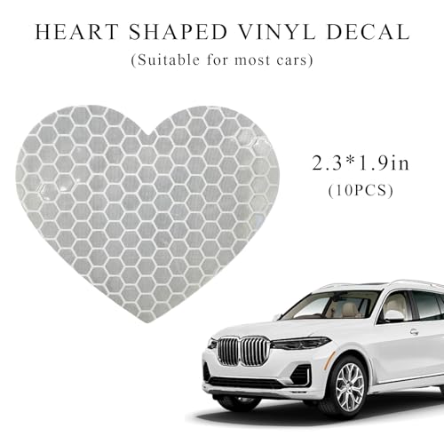 Image of 10PCS Vinyl Decal for Cars, High Intensity Reflective Sticker Night Safety Sign Bumper Decals, Waterproof Grid Vinyl Stickers Scratch Cover for Auto Window Laptop (Heart, White)