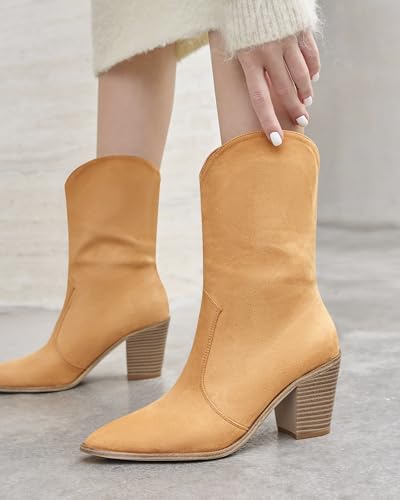 Coutgo Womens Cowboy Mid Calf Boots Chunky Block Heel Pointed Toe Suede Western Cowgirl Boots4