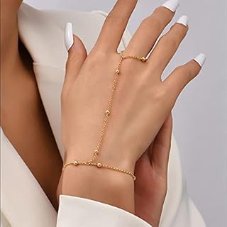 TseenYi Slave Finger Ring Bracelet Boho Finger Ring Bracelet Gold Beaded Chain Slave Finger Ring Hand Harness Jewelry for Women and Girls1 Pcs)