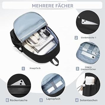 HYC00 Rucksack Schule Teenager Mädchen Damen Causal Schulrucksack College-Rucksack leichte Schultasche Arbeitstasche für Jungen und Mädchen passend für 14-Zoll-Laptop Daypack BookbagSchwarz