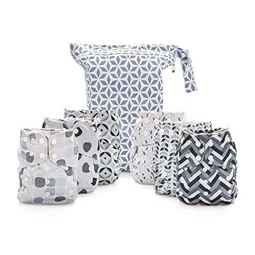 Image of Simple Being Reusable Cloth Diapers, Double Gusset, One Size Adjustable, Washable Soft Absorbent, Waterproof Cover, Eco-Friendly Unisex Baby Girl Boy, six 4-Layers Microfiber Inserts (Greys)