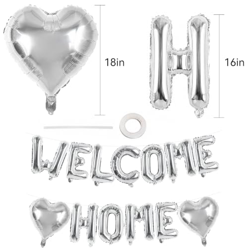 Image of TONIFUL Silver Welcome Home Balloon Set - 16 Inch Mylar Foil Letter Balloons with Silver Heart Balloons for New Home, Housewarming, Welcome Back, Military Homecoming, Retirement Party Decorations