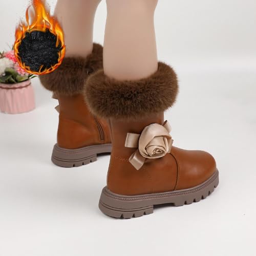 Girls Fuzzy Snow Boot Fall Winter Warmth Side Zip Up Floral Decor Shoes Mid Calf Chunky Bottom Leather Toddler Boots2