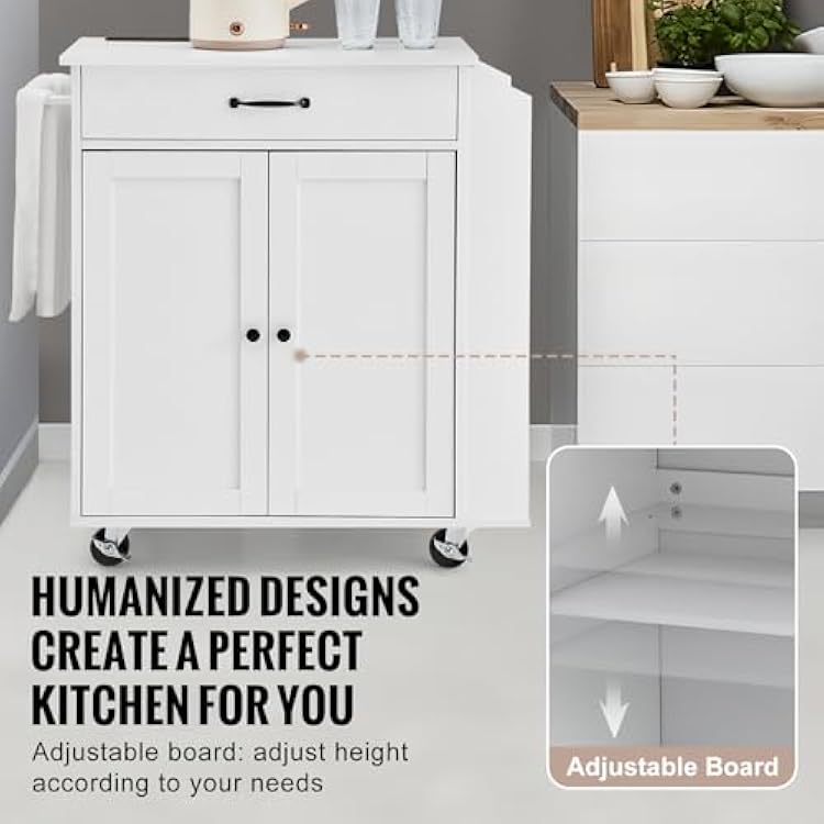 VEVOR Kitchen Island Cart, 32 Mobile Carts with Storage Cabinet, Rolling Table with Power Outlet, Spice Rack, Towel Bar, Adjustable Shelf, Drawer, Dining Living Room Portable Islands on Wheels, White