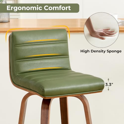 Image of Swivel Bar Stools Set of 1,26 inch Faux Leather Counter Height Barstools with Back,Mid Century Modern Upholstered Bar Chairs with Bentwood Legs Island Stools for Kitchen Counter Green