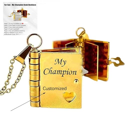 For Son - My Champion Book Necklace,Personalized Engraved Hidden Message Necklace,Adjustable Silver 18k Gold book Necklaces with 6 Pages of Engraved Information,Son Gifts from Dad Mom4