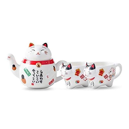 Japanese Cat Tea Set, Maneki Neko Lucky Cat Ceramic Teapot and Cup Set