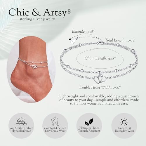 Image of CHIC & ARTSY 925 Sterling Silver Ankle Bracelets for Women, Adjustable Layered Foot Chains with Nature & Symbol Charms, Lightweight Comfort Fit Boho Beach Everyday Jewelry