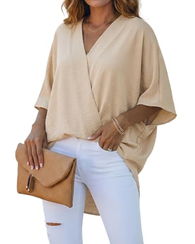 CHICME Womens Summer Tops Overlap V Neck Batwing Sleeve High-Low Hem Blouse Casual Ruched Loose Fit Minimalist Top Apricot-S