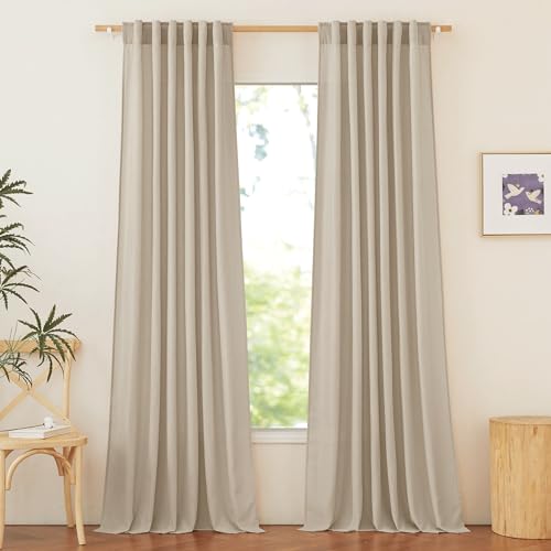 NICETOWN Rod Pocket & Back Tab Thick Flax Semi Sheer Linen Curtains, Privacy with Light Filtering Panels for Home Decor, Angora, W55 x L95, 2 Panels