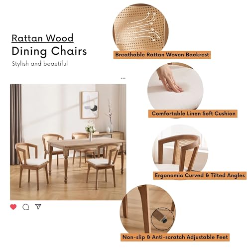 Image of BESTANO Rattan Dining Chairs Set of 6, Mid Century Modern Farmhouse Wood Dining Room Chairs, Upholstered Comfortable Kitchen Dining Side Chair with Cane Woven Back, Beige Linen