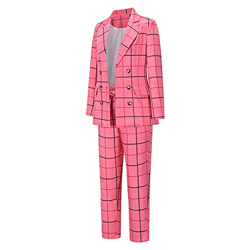 Modful Women's 2 Piece Plaid Suit Set Double-Breasted Lapel Blazer And Elastic Drawstring Pants (Rose Red,Medium) #TOP1