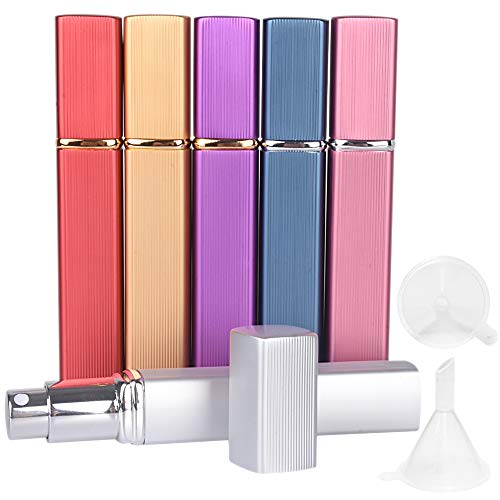 Travel Perfume Atomizer, Refillable Bottles Empty Perfume Container Fragrance Atomizer 12ml Aluminum Housing Glass Sprayer, Set of 6 for Essential Oil with 2 Funnels for Travel Purse Small Pocket