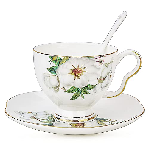 Kitchenexus Vintage Porcelain Tea Cup and Saucer - Elegant Floral Design with Gold Trim, Matching Spoon, 7.1oz/200ml