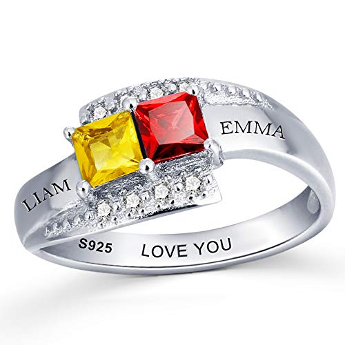 Sterling Silver Personalized mother rings with 2 birthstones promise ring name engraved jewelry for women (sterling-silver, 5)