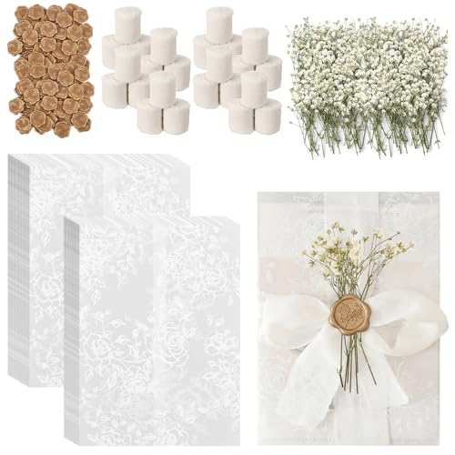 Faire-part de mariage poétique avec fleurs séchées et cachet de cire authentique - Lot de 150