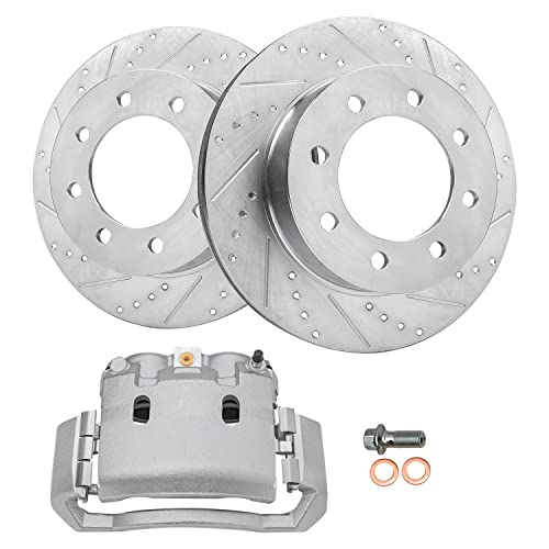 Image of Detroit Axle - Front Brake Kit for 2003-2008 Dodge Ram 2500 3500 | Drilled & Slotted Brake Rotors Right Brake Caliper 2004 2005 2006 2007 Replacement [13.9 inch Rotors]