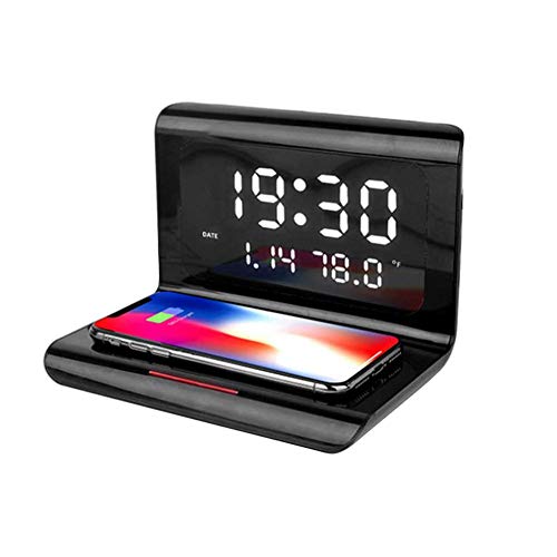 LALISA Reloj despertador digital con carga inalámbrica y pantalla LED de calendario de temperatura de tiempo, 10 W Qi inalámbrico carga Pad Dock para iPhone 11, XR, XS, X, 8, Galaxy S10 S9 S8, negro