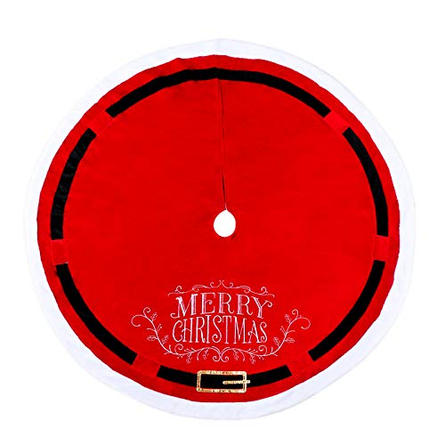 POPUTOY Christmas Tree Skirt, 48 Inch Faux Velvet Trim X-mas Tree Skirt Santa Suit Pattern Christmas Tree Mat with Plush Mercerized Velvet for Christmas Holiday Decorations Indoor Outdoor