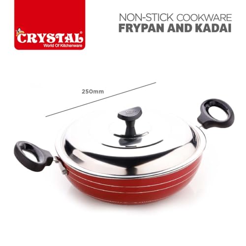 Image of Crystal Platinum Series 2 pcs Nonstick Cookware Set | 250mm Kadai + 250mm Fry Pan with Stainless Steel Lid | Thickness- 3mm | Metal Spoon Friendly
