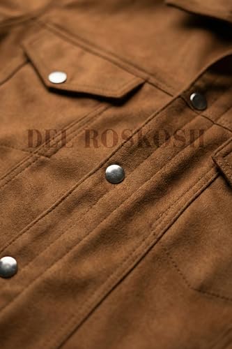 Image of Men's Faux Suede Leather Jacket with Fur Lining, Snap Button Closure, Brown, Lightweight with Chest and Side Pockets