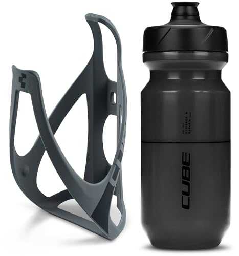 Cube HPP Cage - Matt Grey/Black & Flow Bottle - Black, 500ml / Water Drink Flask Vessel Bidon Holder Mount Bracket Kit Lightweight Plastic Drinking Hydration Biking Bike Riding Frame Accessories