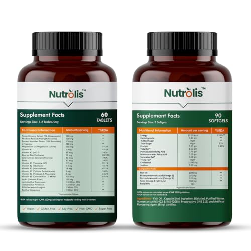 Image of Nutrolis Men's Multivitamin & Omega-3 Salmon Fish Oil Combo - Boosts Energy, Immunity & Joint Health | EPA 180mg DHA 120mg | Heart, Brain & Skin Support | 60 Tablets + 90 Softgels