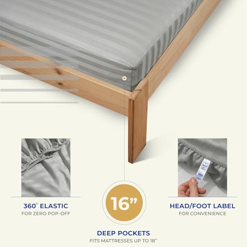 Image of THREAD SPREAD California King Bed Sheets, Luxury 1000 Series Paradise Collection 100% Egyptian Cotton Damask Striped Cal King Sheets Set (4 PC, Silver Grey Stripe), 16 inch Deep Pocket Hotel Sheet Set