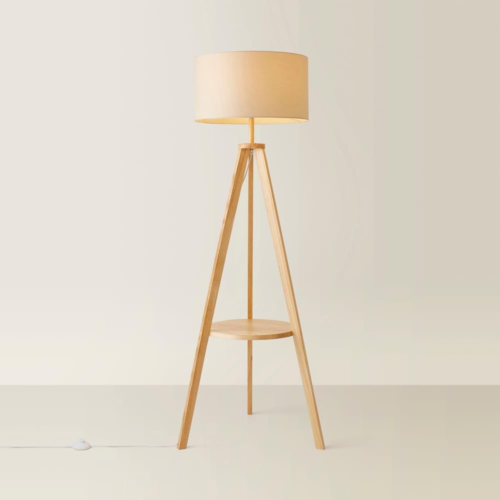 ValueLights Morrigan Natural Wood Tripod Floor Lamp & Fabric Drum Shade & Bulb