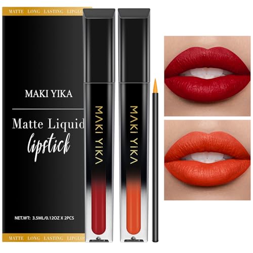 Image of MAKI YIKA 2Pc Matte Liquid Lipstick Set MVPRed Orange Lipstick Long Lasting