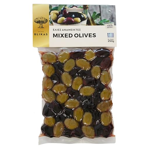 Blikas Olives Vertes et Noires Kalamata Grecques Mélangées, Paquet de 2 x 250 g (total : 500 g)