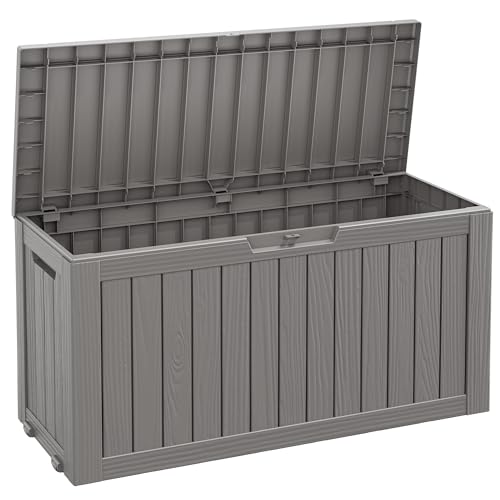 Fancyango 75 Gallon Outdoor Deck Box Waterproof, Large Storage Box for Patio, Resin Storage Bench Lockable for Garden Tools, Package Delivery, Grey