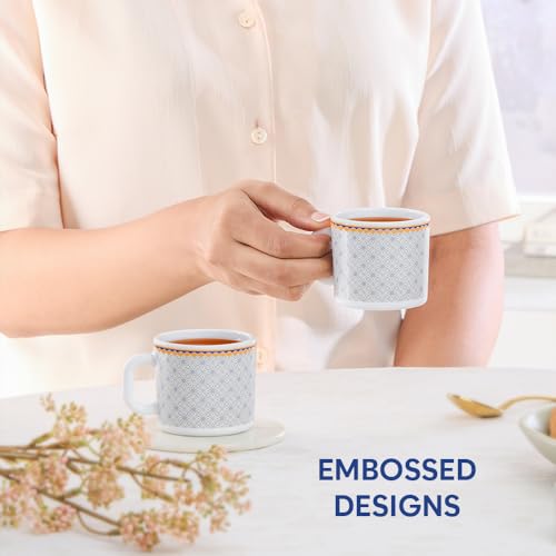 Image of Larah by BOROSIL 100ml x 6pc Opalware Kosmia Tea /Coffee Mug Set, Microwave & Dishwasher Safe Embossed Design Crockery Set Ideal for Daily Use & Gifting