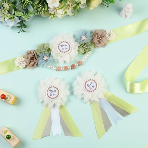 Image of Pea Green Gender Reveal Maternity Sash Kit, Sage Green Baby Shower Belly Belt and Mom to Be Dad to Be Corsage Pins, New Parent Pregnancy Announcement Photo Props Party Supplies