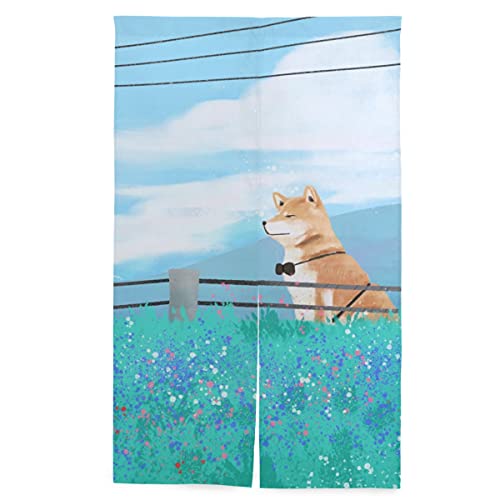 Akiraki のれん 遮光 目隠し 暖簾 間仕切り 玄関 ロング 和風 カーテン 柴犬 しばいぬ 可愛い アニマル おしゃれ かわいい キッチン 飲食店 リビング 出入り口 幅89cmx136cm 綿麻 洗える
