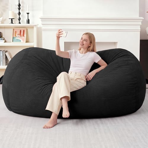 Image of 6FT Bean Bag Chair 6'Giant Bean Bag Chairs with Adults, Large Beanbag Chair | Bean bag Lounger with Machine Washable Cover Corduroy Fabric, Comfy Chairs for Living Room Bedroom Dorm, Black