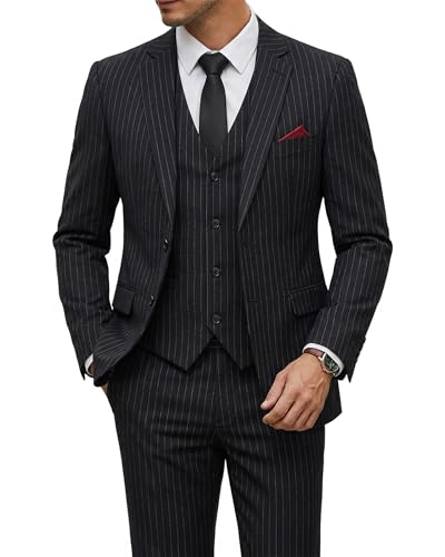 YND Men's 3 Piece Suit Set with Tie, 2 Button Slim Fit Solid Blazer Jacket Vest Pants, Business Wedding Party Suits for Men