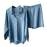 Jogginganzug Damen Samt Damen Casual Solid Retro Plus Size Baumwolle Leinen Knopfhemd Hohe Taille Lose Tasche Shorts Anzug Hausanzug Damen Kuschelig