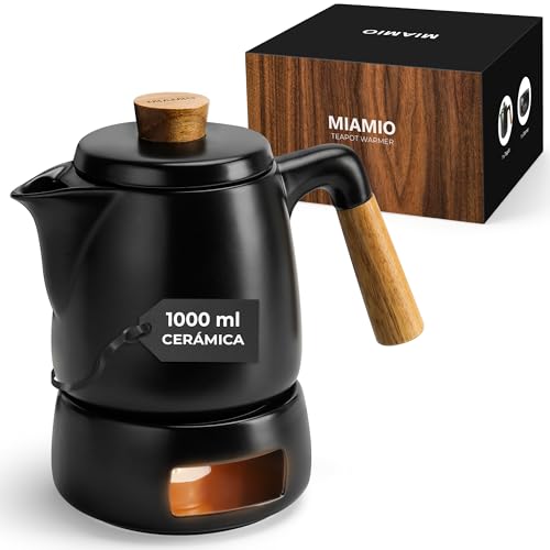 MIAMIO - Juego de tetera con calentador / 1L / 1000 ml Tetera con infusor para preparar té de hojas sueltas - Regalo para mujeres/amantes del té (Negro)