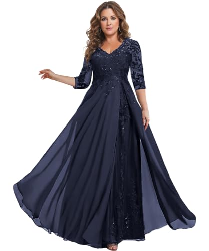 Image of HANVAIOS Sparkly Mother of The Bride Dresses for Women Long Chiffon 3 /4 Sleeve Lace Appliques Formal Gown