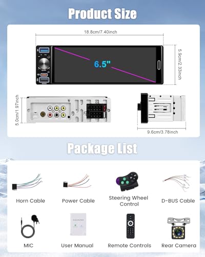 Autoradio 1Din Bluetooth Roinvou écran tactile 6,5 pouces et RDS - 7