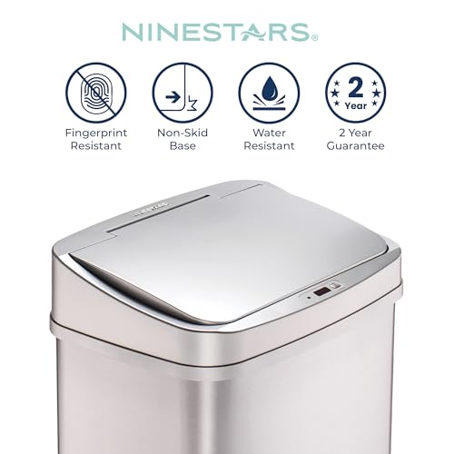 Image of Ninestars DZT-50-28SL Original Touchless Automatic Motion Sensor Trach Can, 13 Gal SL, Silver Trim
