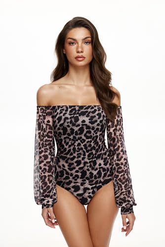 REORIA Womens Going Out Off The Shoulder Sheer Mesh Puff Long Sleeve Thong Bodysuit Tops Leopard Print X-Small — view 3