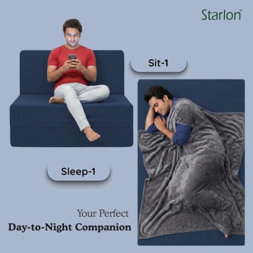 Image of Starlon 2 Seater Foldable Sofa Cum Bed 3-in-1 with 2 Floral Pattern Pillows, Washable Jute Fabric Cover, Space Saving Guest Bed, Pre-Assembled Royal Navy Blue 4x6 Ft