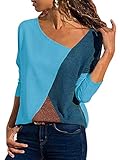 Damen Casual Patchwork Farbblock Langarm T-Shirt Asymmetrischer V-Ausschnitt Langarmshirt Tops Sweatshirt Tunika Top Pullover Bluse Oberteil (Himmelblau, Medium)